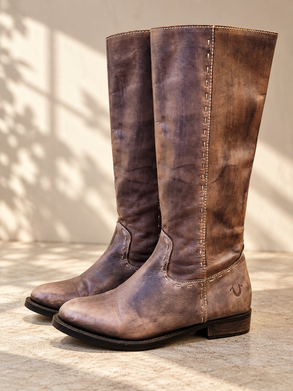 True Religion Maddy Leather Tall Boots 7.5 Distressed Western Y2K Brown Gray